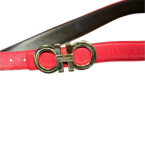 Salvatore Ferragamo Gancini Belt Red/Black 44/110 cm Gold Buckle Designer Bright - Picture 1 of 10